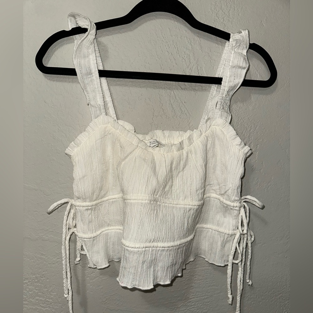 Kirious Women’s White Ruffled Scrunch Stretch Adjustable Tie Up Crop Top Shirt